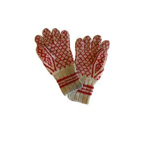 Vintage Hand-Knit Wool Blend Red & Cream Winter Gloves With Snowflake Design